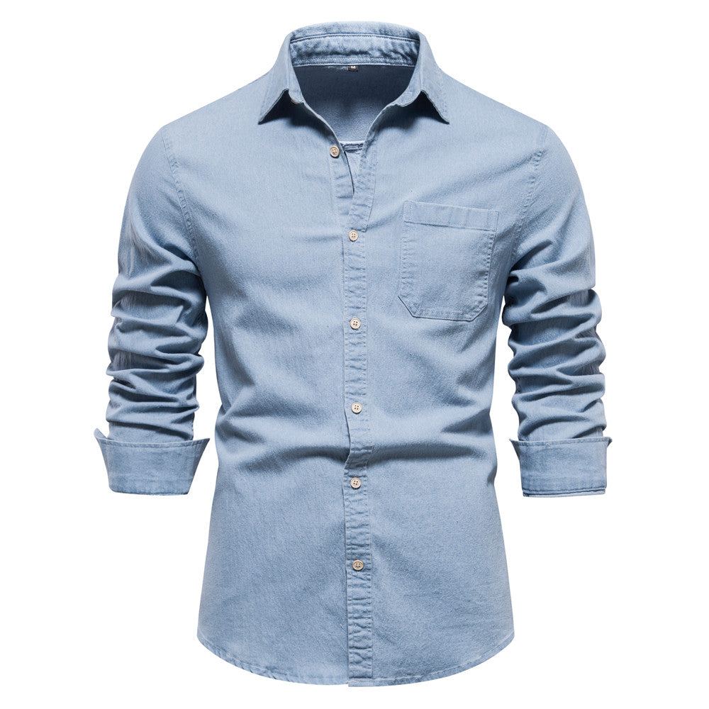 Herren Hemd aus Baumwolle im einfarbigen Denim-Look mit Tasche