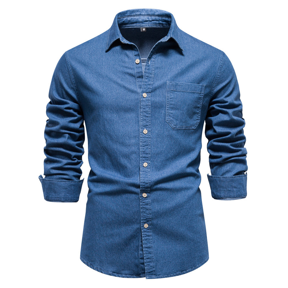 Herren Hemd aus Baumwolle im einfarbigen Denim-Look mit Tasche