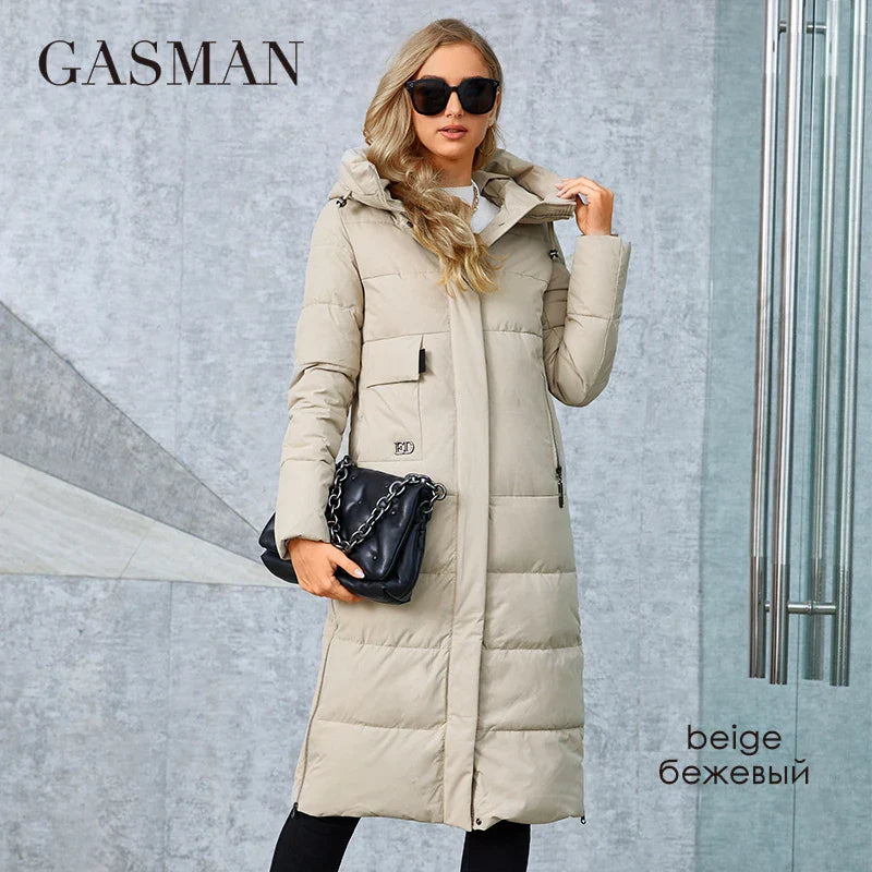 Lange Damen-Daunenjacke mit großen Taschen und modischem Steppdesign – ideal für kalte Tage