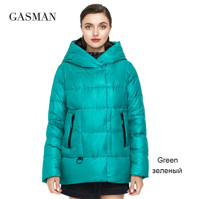 Kurze Damen-Winterjacke mit hohem Kragen und Kapuze in Farbblock-Design – warm und hochwertig