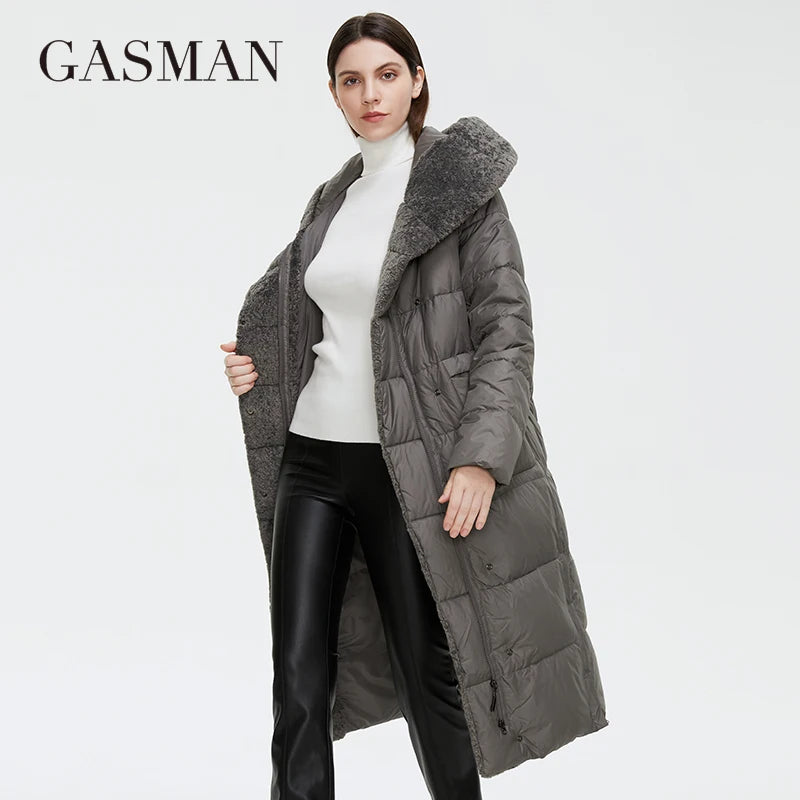 Lange Damen-Daunenjacke mit Reißverschluss, großen Taschen und Stehkragen – Kapuzenparka im klassischen Design