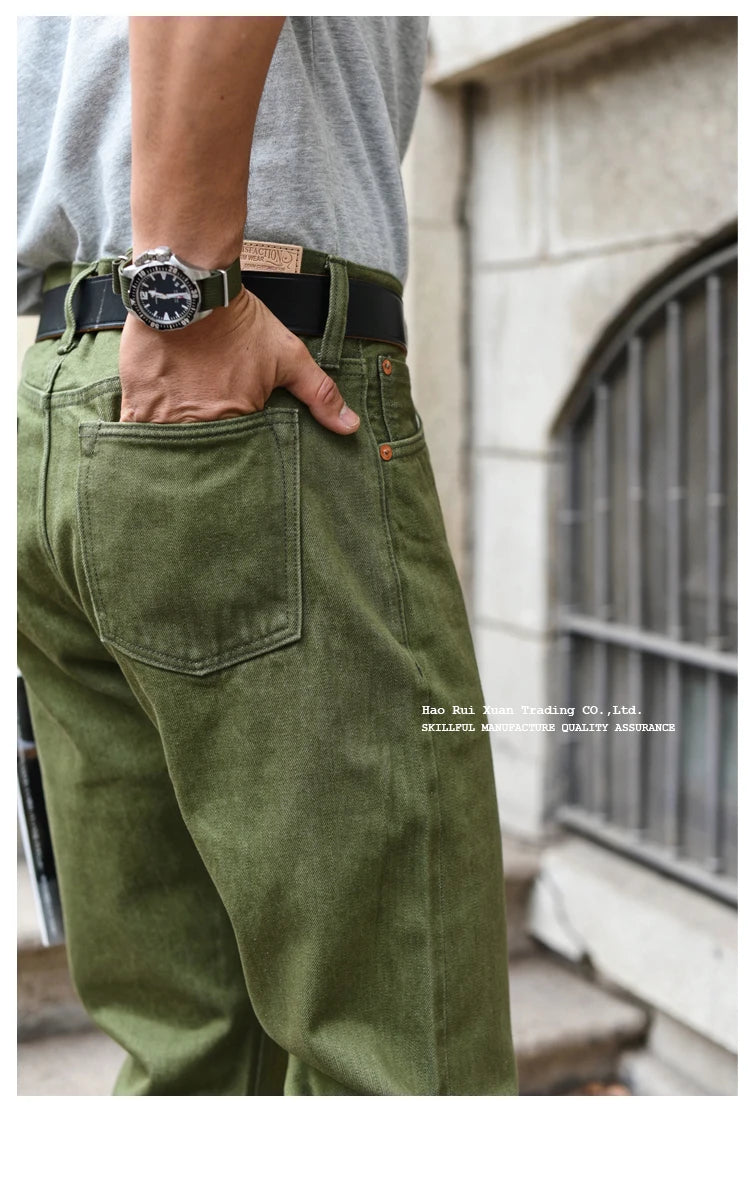 Herren Jeans in Vulkanisiertem Olivgrün mit Slim Fit und Reißverschluss