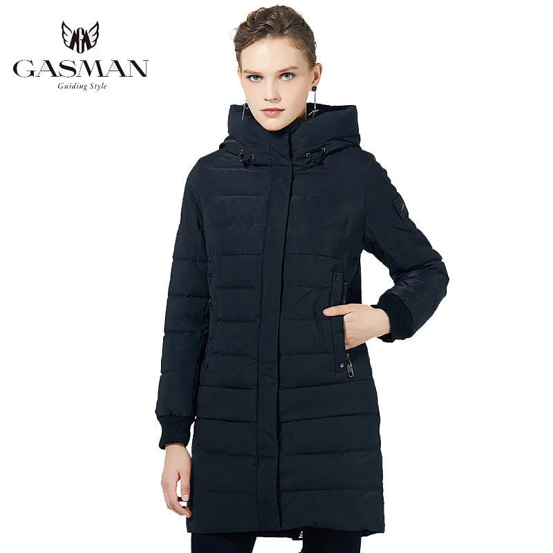 Damen-Winterjacke mit Daunen, warmes Patchwork-Design, dicke schwarze Parka für kalte Tage.