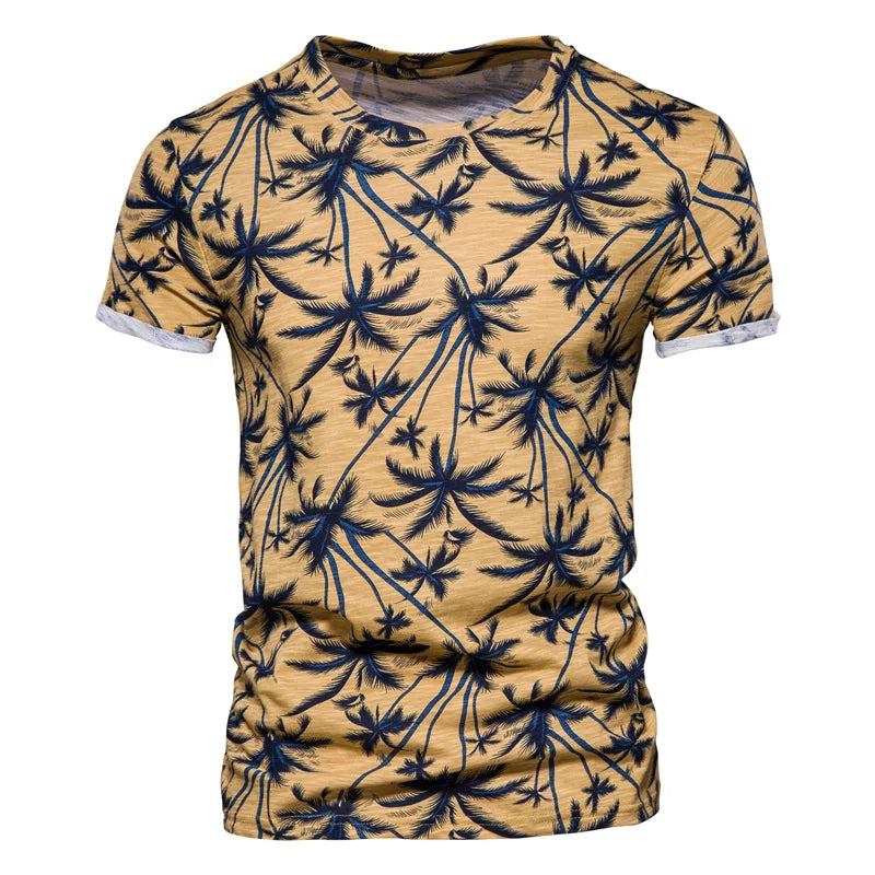 Herren T-Shirt im Hawaii-Stil aus 100 Prozent Baumwolle mit Oansatz Druck