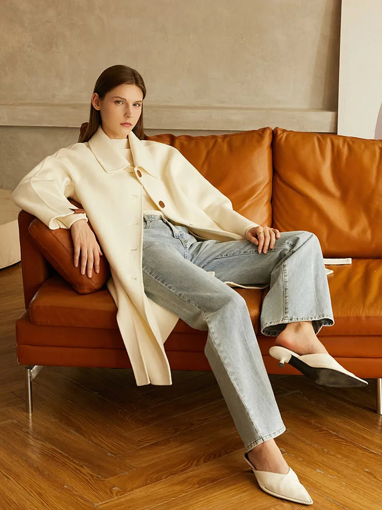 Damen Winter Mantel aus Wolle mit elegantem Einreiher und Taschen