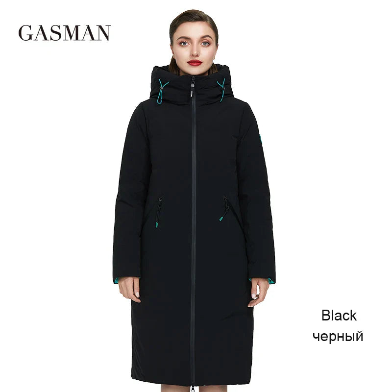 Kurze Damen-Daunenjacke mit Reißverschluss, Stehkragen und Kapuze – klassisches Design mit Taschen