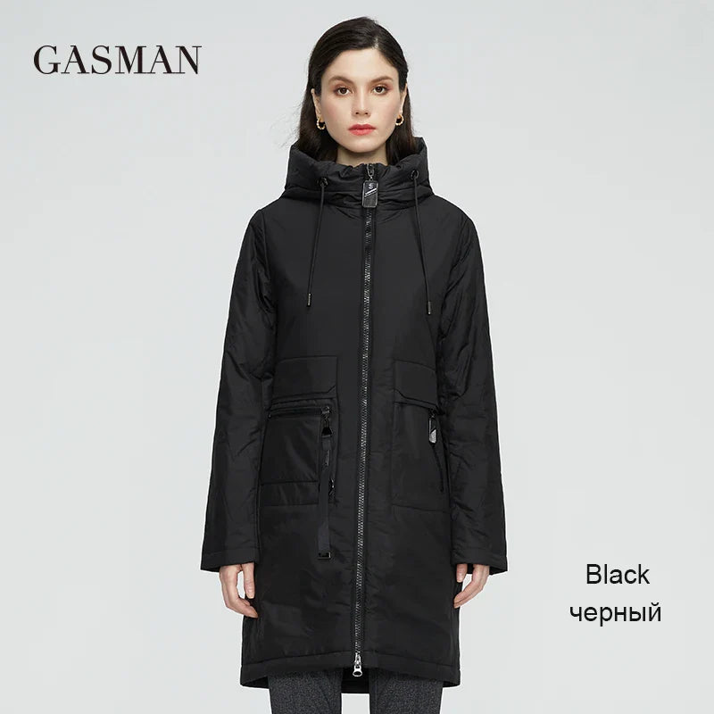 Lange Damen-Parka-Jacke mit Stehkragen und Kapuze – modisch gepolstert für Frühling und Herbst