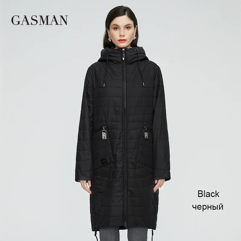 Lange Damen-Frühlingsjacke mit Stehkragen und Kapuze – Designer-Trench im Casual-Stil