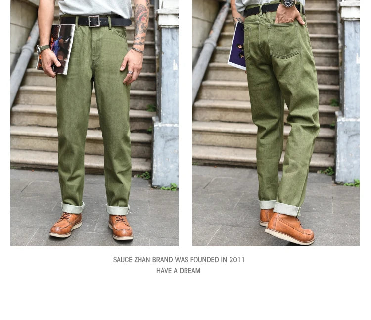 Herren Jeans in Vulkanisiertem Olivgrün mit Slim Fit und Reißverschluss