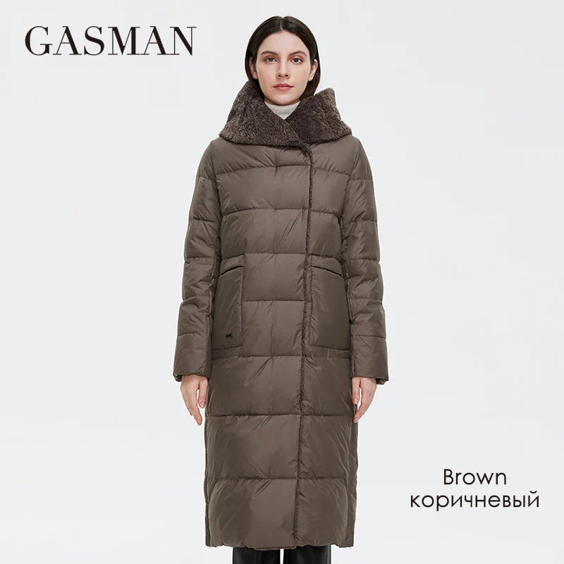 Lange Damen-Daunenjacke mit Reißverschluss, großen Taschen und Stehkragen – Kapuzenparka im klassischen Design