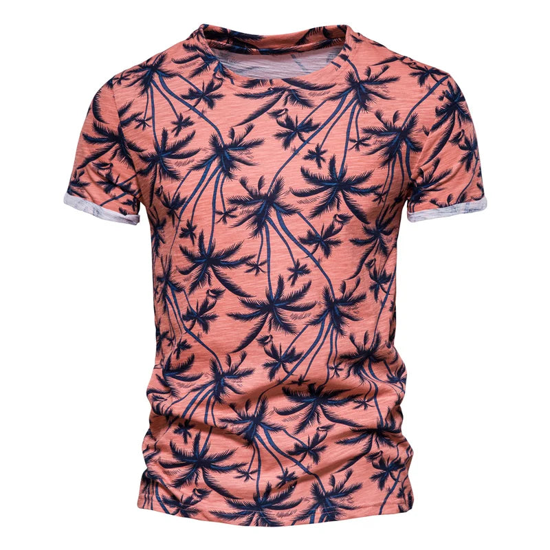 Herren T-Shirt im Hawaii-Stil aus 100 Prozent Baumwolle mit Oansatz Druck