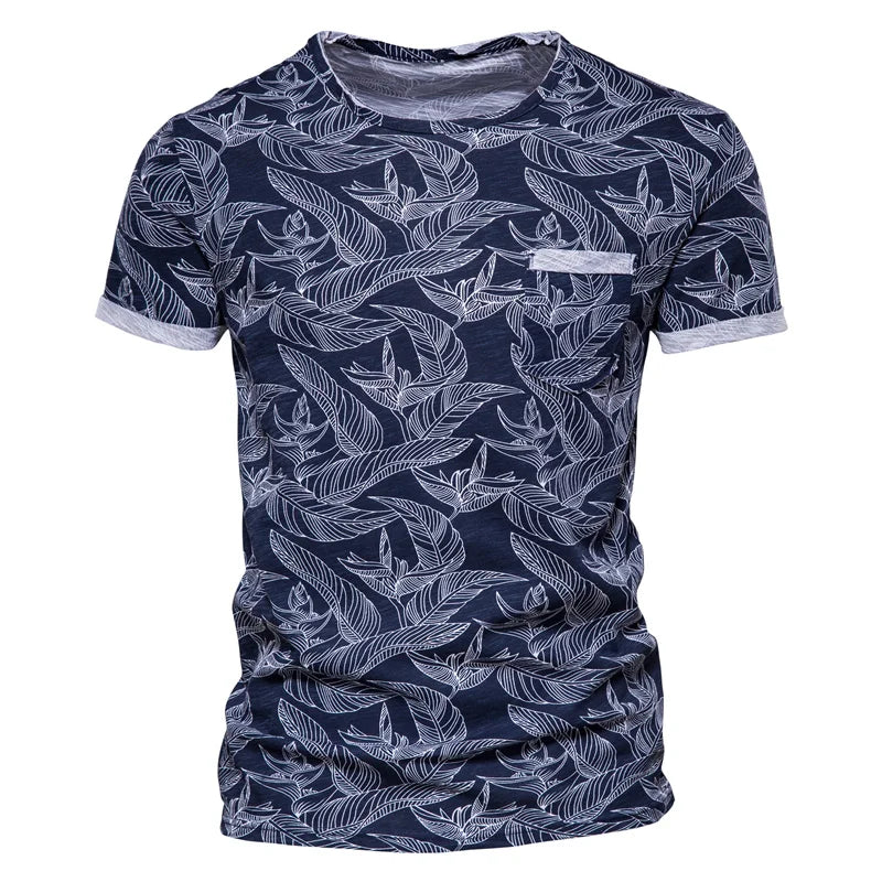 Herren T-Shirt im Hawaii-Stil aus 100 Prozent Baumwolle mit Oansatz Druck