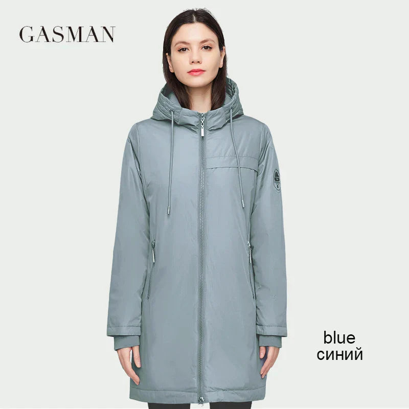 Lange Damen-Daunenjacke mit Reißverschluss, großen Taschen und Stehkragen – Kapuzenparka im klassischen Design