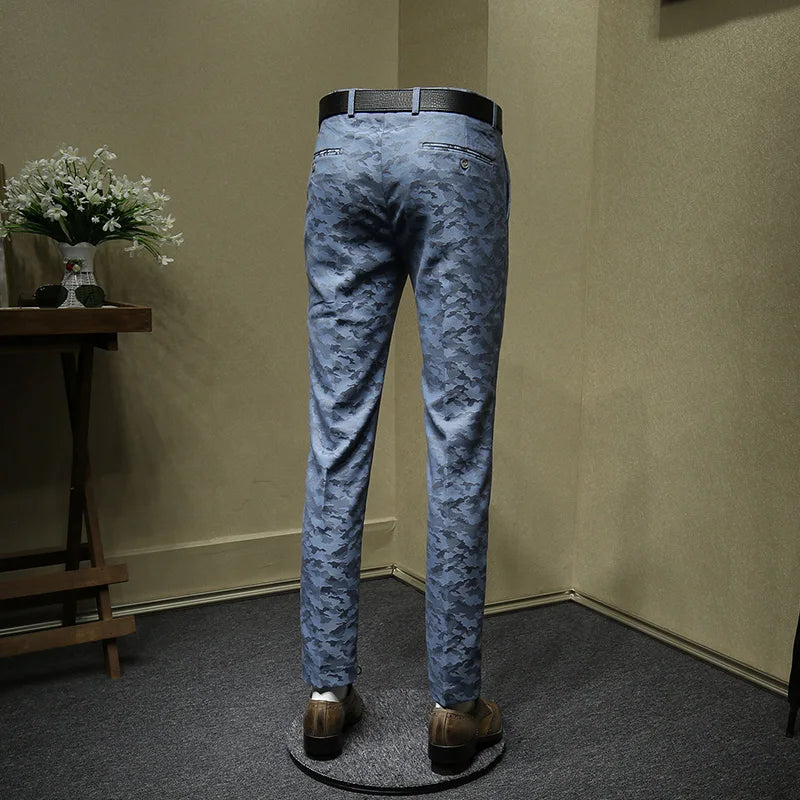 Herrenanzüge Hosen Blau Camouflage Bedruckt Mode Freizeitanzug Hose Slim Fit Büro Geschäftsmann Hochzeit Bräutigam Tragen Lange Hose