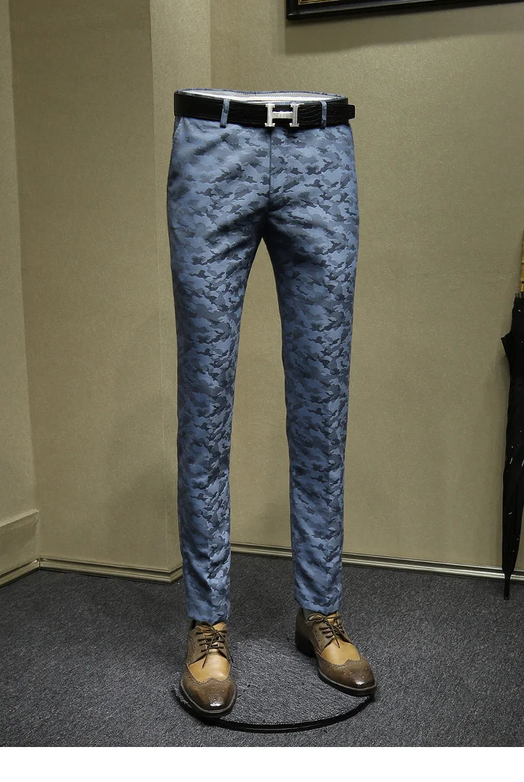 Herrenanzüge Hosen Blau Camouflage Bedruckt Mode Freizeitanzug Hose Slim Fit Büro Geschäftsmann Hochzeit Bräutigam Tragen Lange Hose