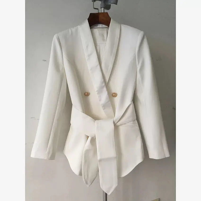 Damen-Blazer doppelreihig Schalkragen Schnürgürtel Löwenknopf elegant