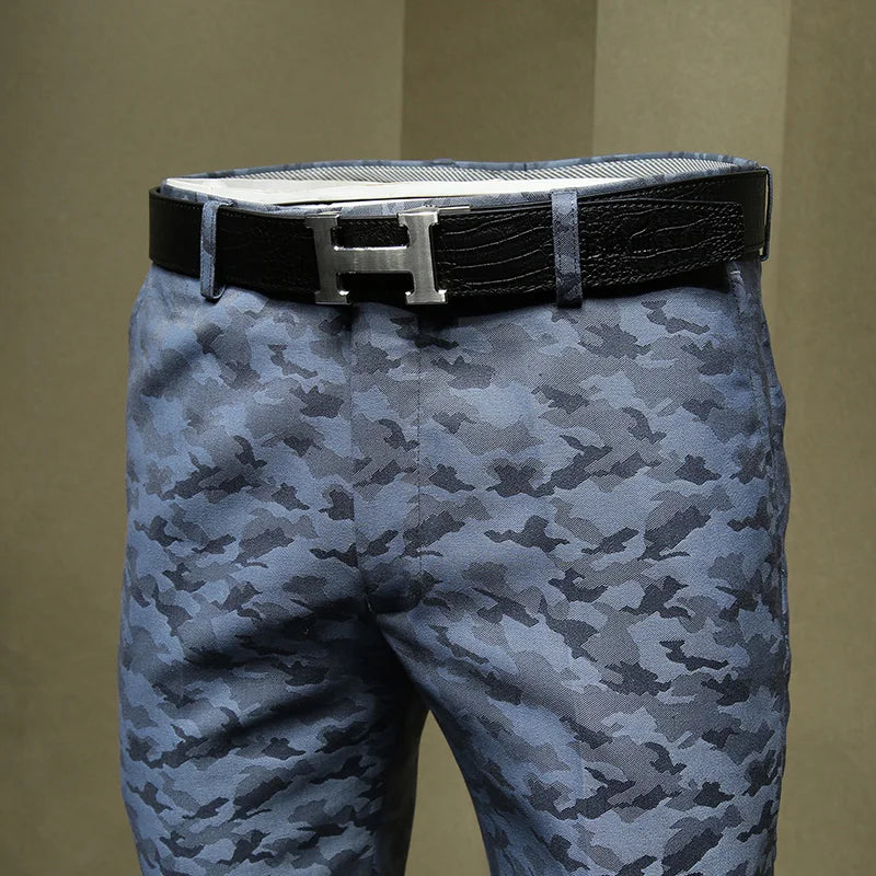 Herrenanzüge Hosen Blau Camouflage Bedruckt Mode Freizeitanzug Hose Slim Fit Büro Geschäftsmann Hochzeit Bräutigam Tragen Lange Hose