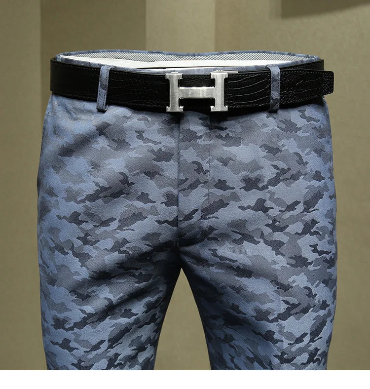 Herrenanzüge Hosen Blau Camouflage Bedruckt Mode Freizeitanzug Hose Slim Fit Büro Geschäftsmann Hochzeit Bräutigam Tragen Lange Hose
