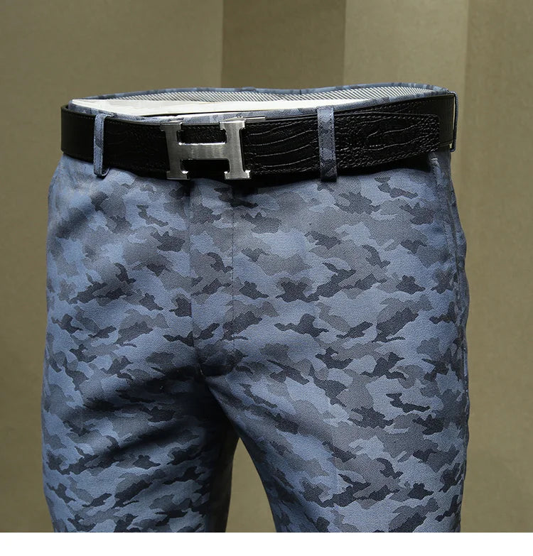 Herrenanzüge Hosen Blau Camouflage Bedruckt Mode Freizeitanzug Hose Slim Fit Büro Geschäftsmann Hochzeit Bräutigam Tragen Lange Hose