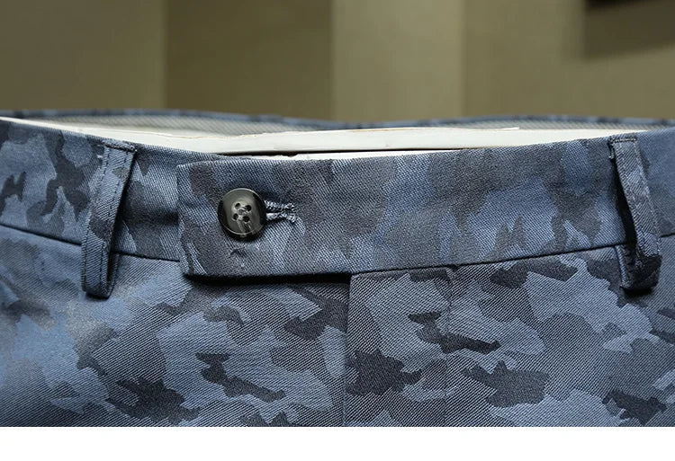 Herrenanzüge Hosen Blau Camouflage Bedruckt Mode Freizeitanzug Hose Slim Fit Büro Geschäftsmann Hochzeit Bräutigam Tragen Lange Hose