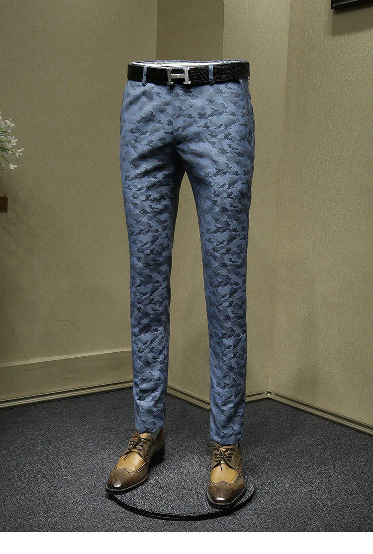 Herrenanzüge Hosen Blau Camouflage Bedruckt Mode Freizeitanzug Hose Slim Fit Büro Geschäftsmann Hochzeit Bräutigam Tragen Lange Hose
