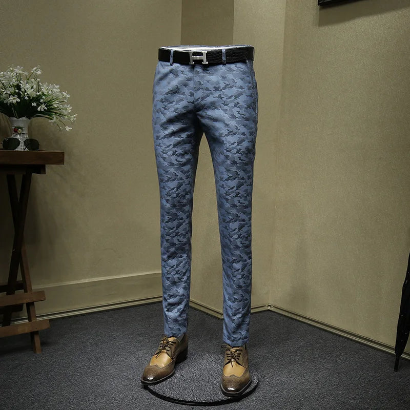 Herrenanzüge Hosen Blau Camouflage Bedruckt Mode Freizeitanzug Hose Slim Fit Büro Geschäftsmann Hochzeit Bräutigam Tragen Lange Hose