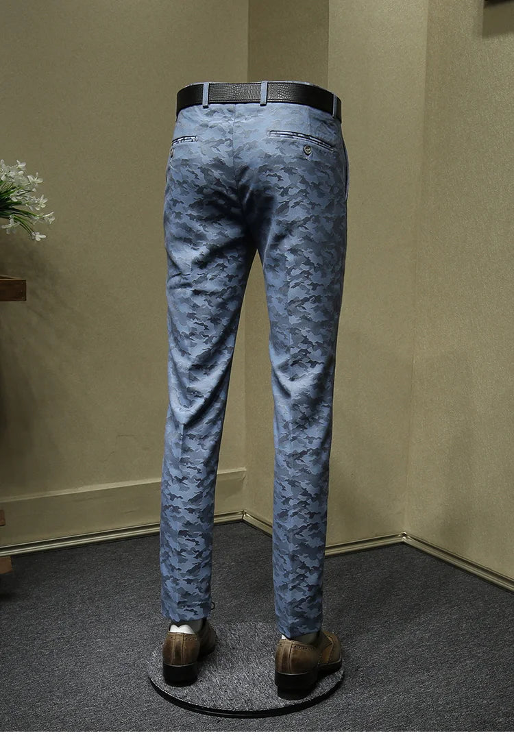 Herrenanzüge Hosen Blau Camouflage Bedruckt Mode Freizeitanzug Hose Slim Fit Büro Geschäftsmann Hochzeit Bräutigam Tragen Lange Hose