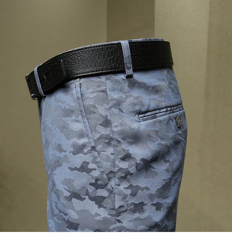 Herrenanzüge Hosen Blau Camouflage Bedruckt Mode Freizeitanzug Hose Slim Fit Büro Geschäftsmann Hochzeit Bräutigam Tragen Lange Hose