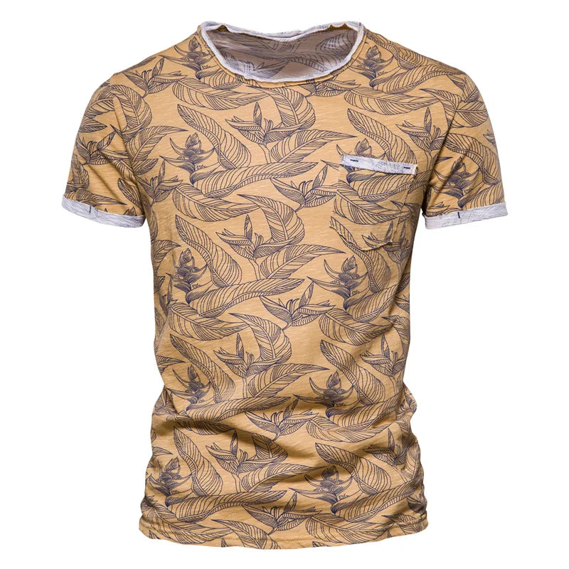 Herren T-Shirt im Hawaii-Stil aus 100 Prozent Baumwolle mit Oansatz Druck