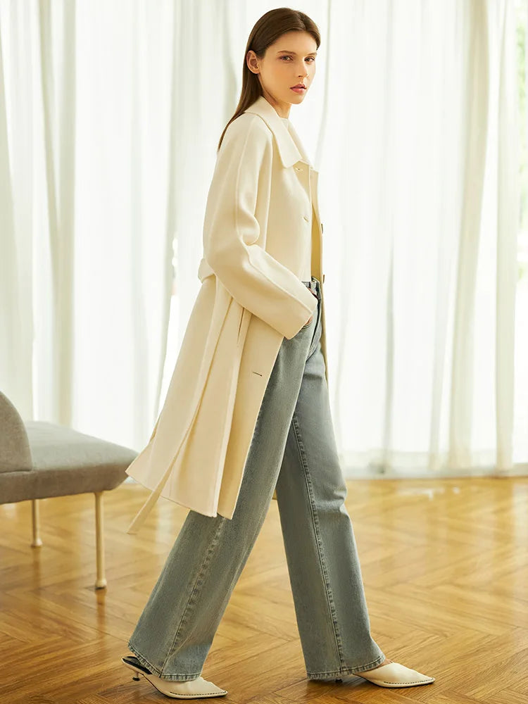 Damen Winter Mantel aus Wolle mit elegantem Einreiher und Taschen