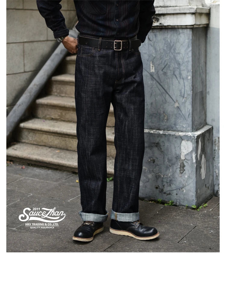Herren Jeans im Vintage-Stil aus Selvedge Raw Denim mit Silber-überzogenen Knöpfen