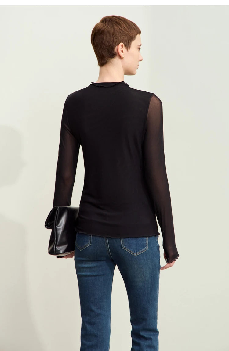 Damen Mesh-T-Shirt im minimalistischen Design mit halbhohem Ausschnitt