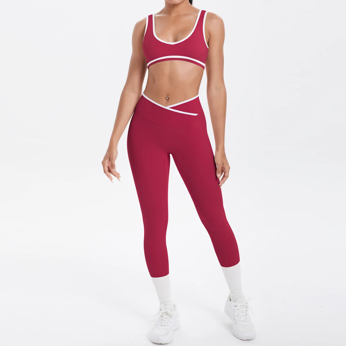 Damen Yoga-Set mit Push-up-BH und 3/4-Leggings, burgunderrot mit weißen Nähten