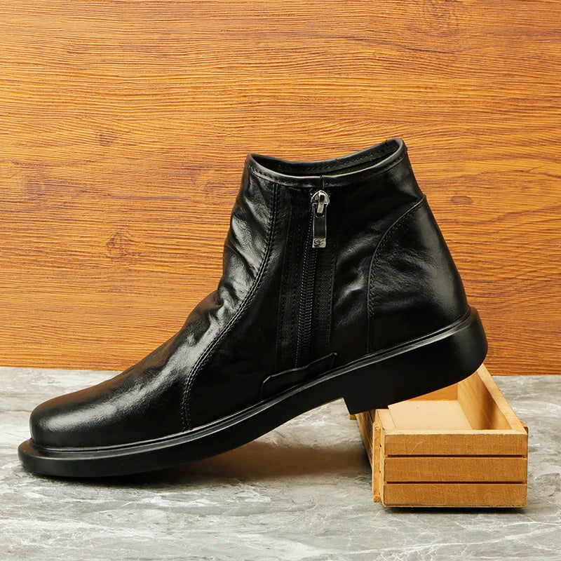 Herren-High-Top-Stiefelette aus Leder, schwarz, seitlicher Reißverschluss, flache Sohle
