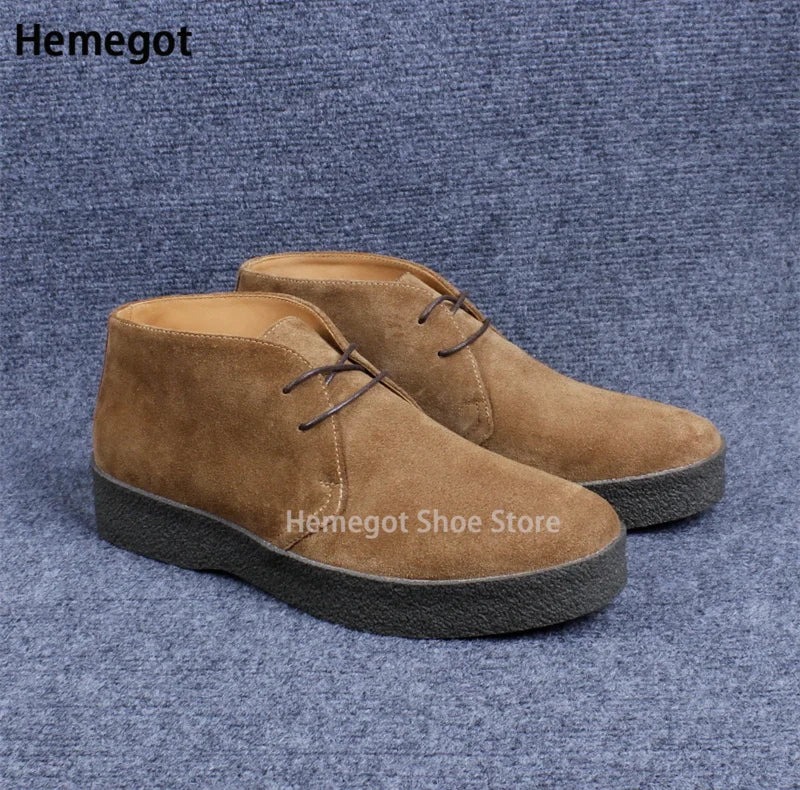 Herren-Desert-Bootie-Schnürschuhe aus Wildleder, beige, dicke Gummisohle