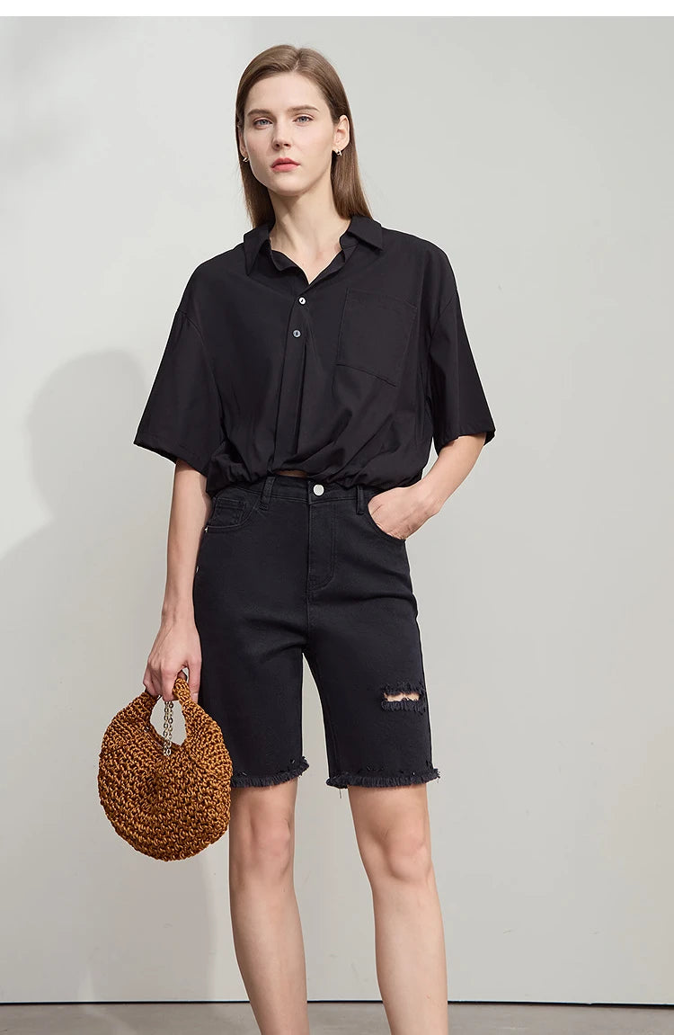 Damen Denim Shorts im minimalistischen Casual-Stil mit Zipper und Loch-Dekoration