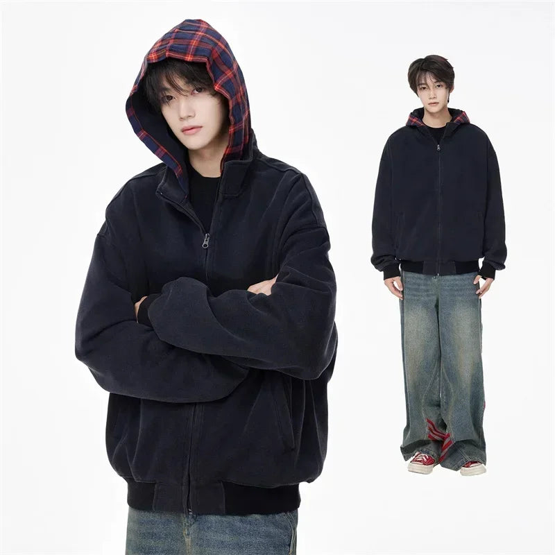 Herbst Plaid Zipper Mit Kapuze Sweatshirts Für Männer Y2K Vintage Streetwear Patchwork Jacken Weibliche Harajuku Mode Hoodies Mäntel