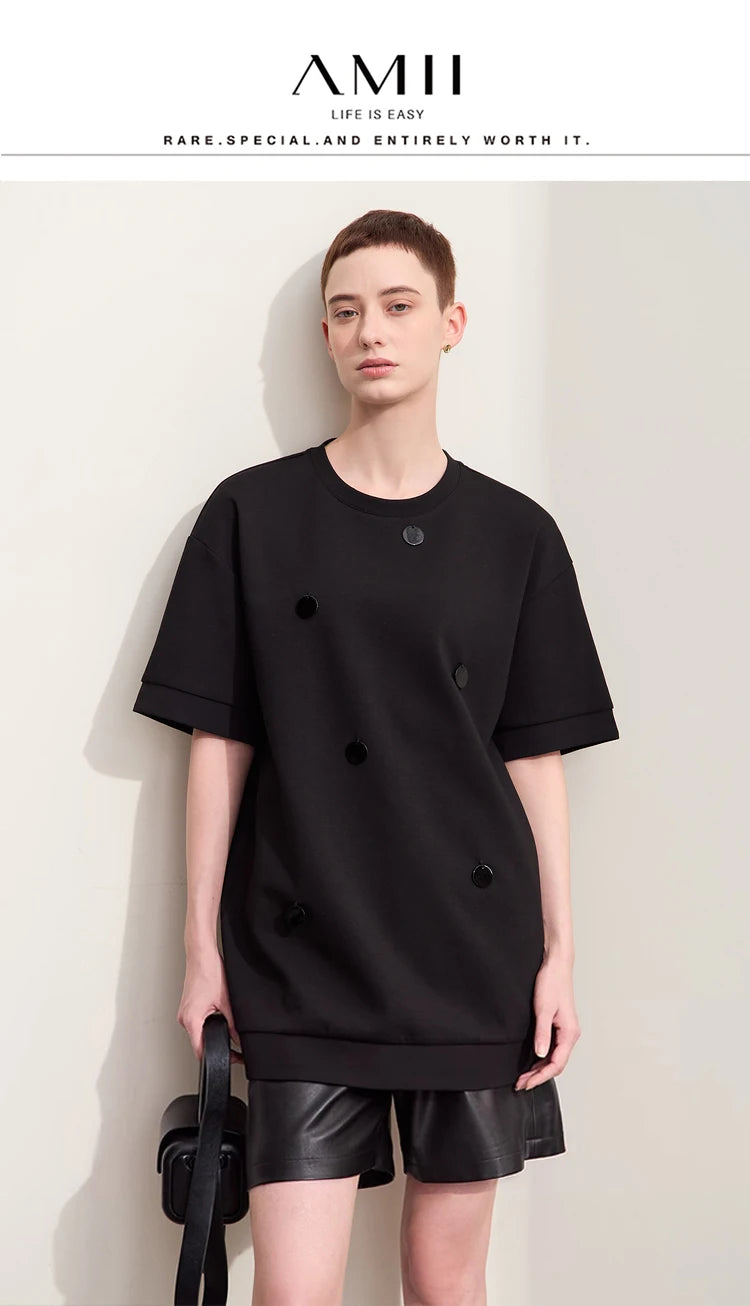 Damen T-Shirts im Minimalismus-Stil mit losem Patchwork und Dekoration