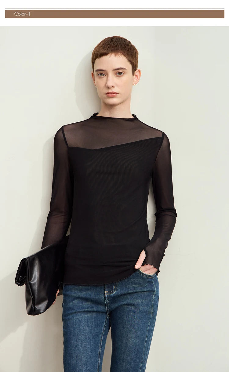 Damen Mesh-T-Shirt im minimalistischen Design mit halbhohem Ausschnitt