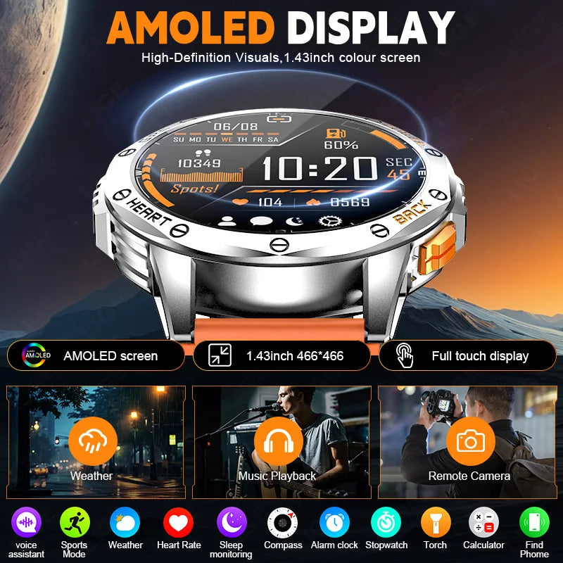 LIGE 2025 Neue Outdoor GPS Smart Uhr Männer 1,43 "AMOLED 530 mAh Batterie Militär LED Kompass Taschenlampe 100 + sport Smartwatch Mann