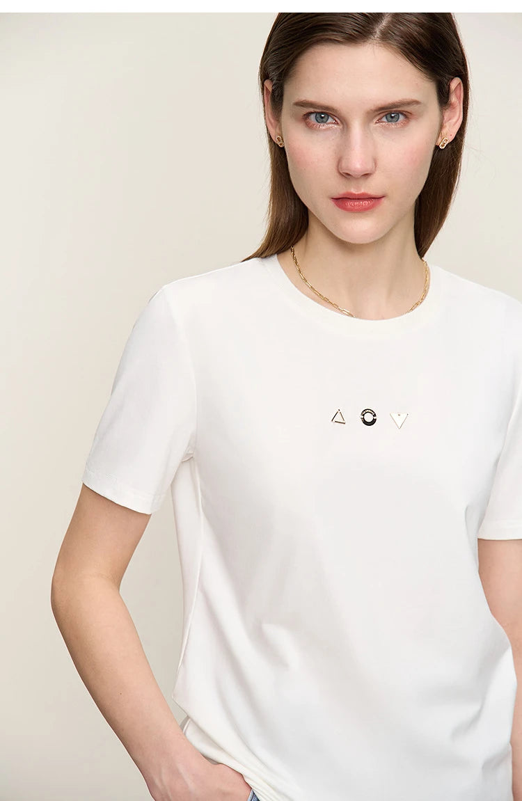 Damen T-Shirt mit O-Ausschnitt und geometrischer Dekoration aus antibakterieller Baumwolle