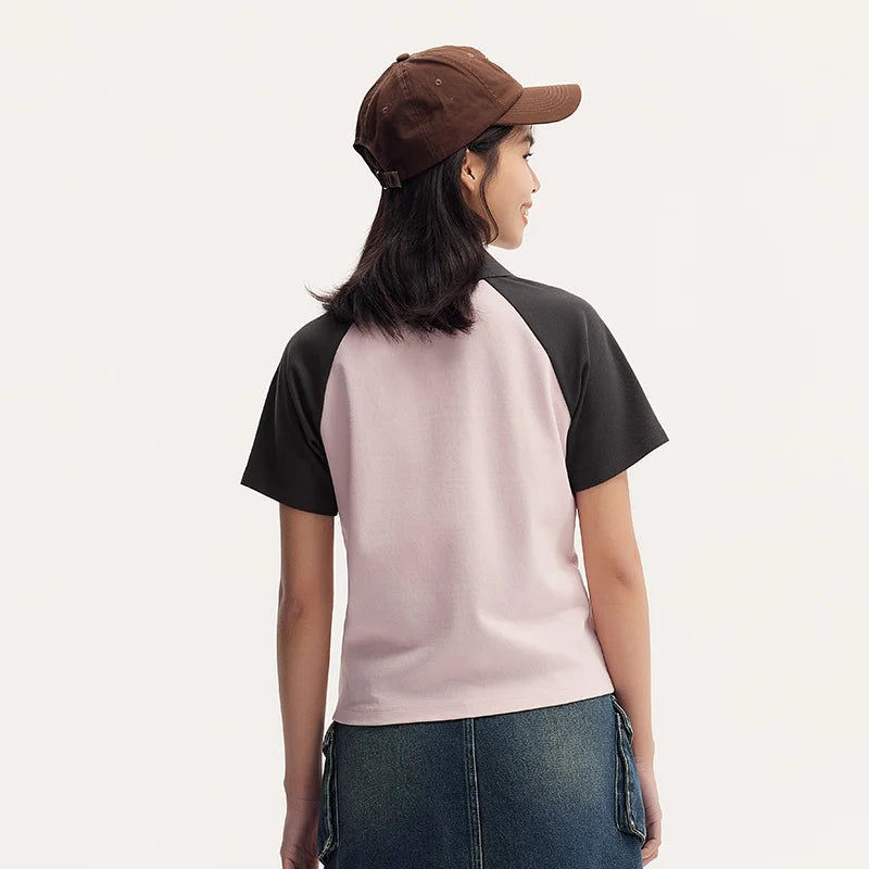 Semir Frauen Polos hirt Sommer neue Farbe Blocking Schulter fallende Ärmel American Retro Top strukturierte Kleidung Trend