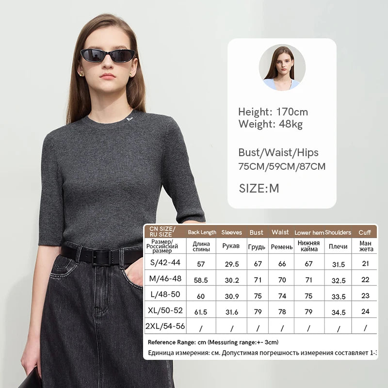 Damen-Strickpullover, anthrazit, einfarbig, O-Ausschnitt, 3/4-Ärmel