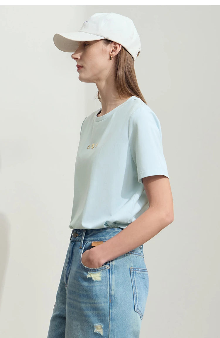 Damen T-Shirt mit O-Ausschnitt und geometrischer Dekoration aus antibakterieller Baumwolle