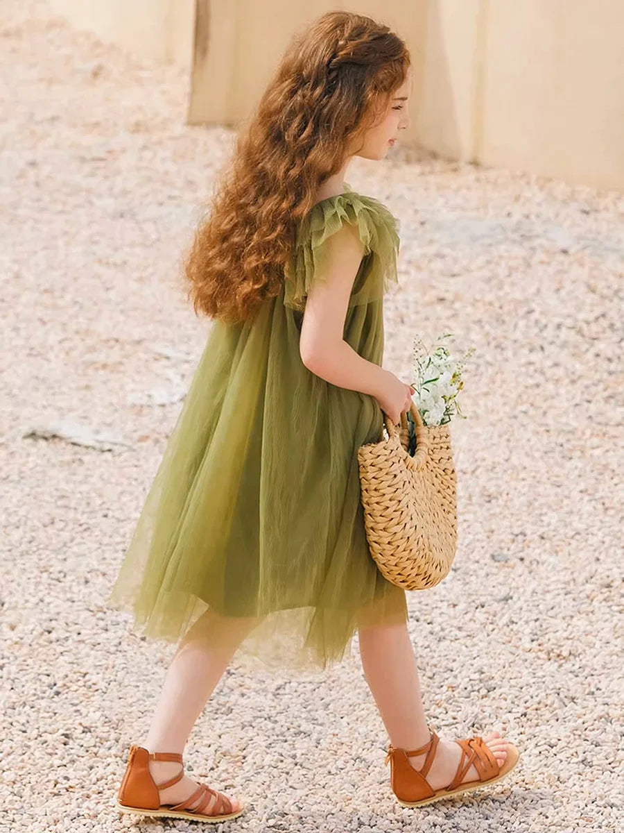 Beiges Sommerkleid für Mädchen im französischen Prinzessinnenstil mit kurzen Ärmeln – ideal für Geburtstagsfeiern und Hochzeiten, geeignet für Kinder von 110 cm bis 170 cm