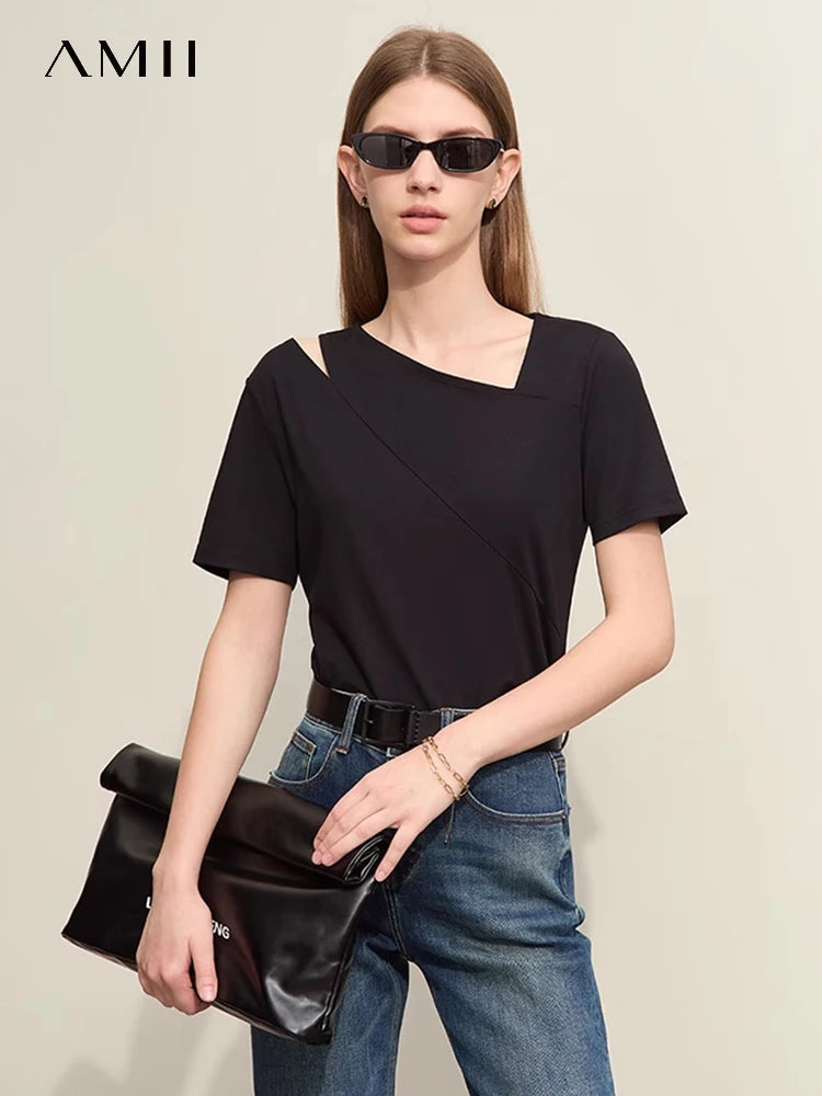 Damen T-Shirts im Minimalismus-Stil mit asymmetrischem V-Ausschnitt und kurzen Ärmeln