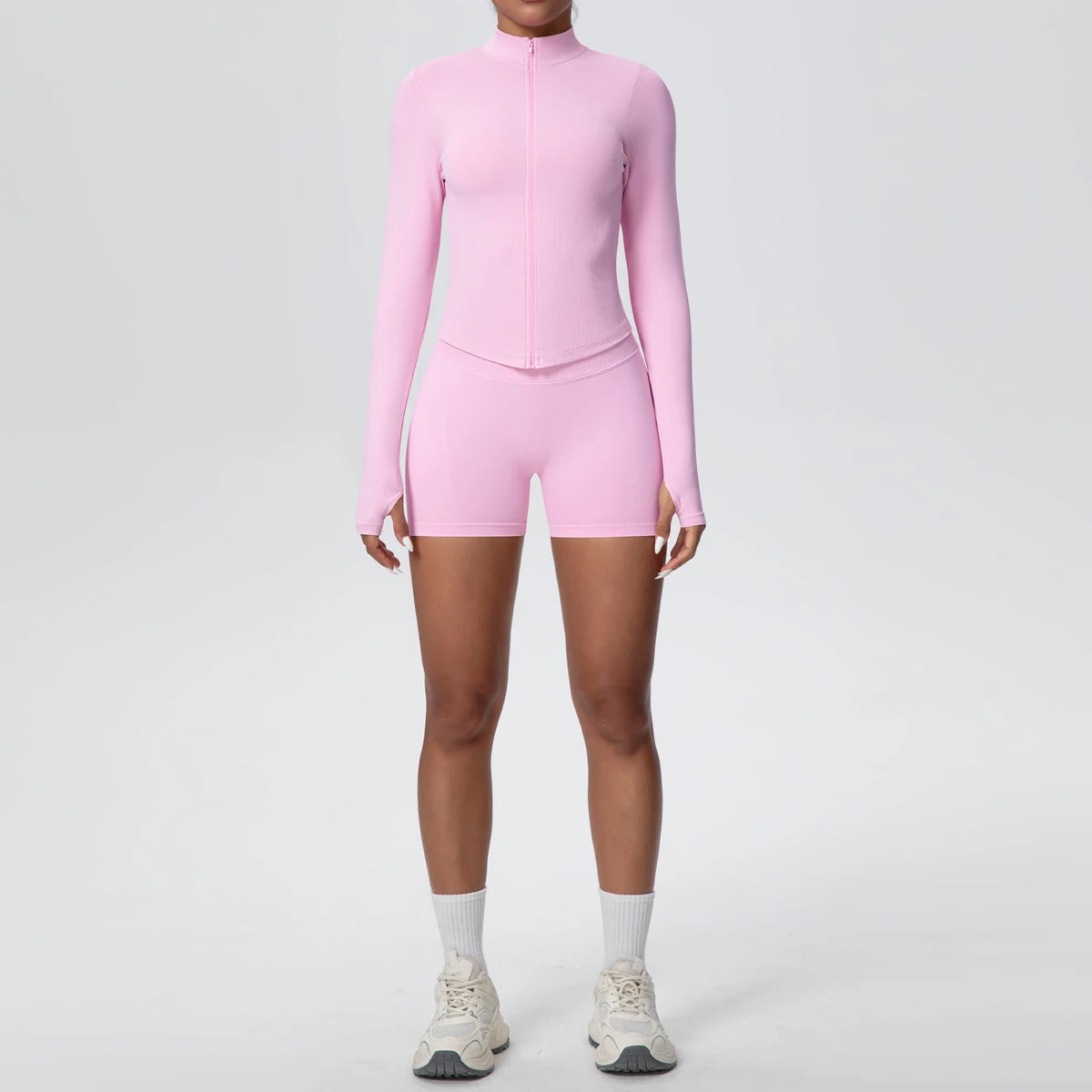 Damen-Yoga-Set mit hochtaillierter Shorts und langärmligem Zip-Top, rosé