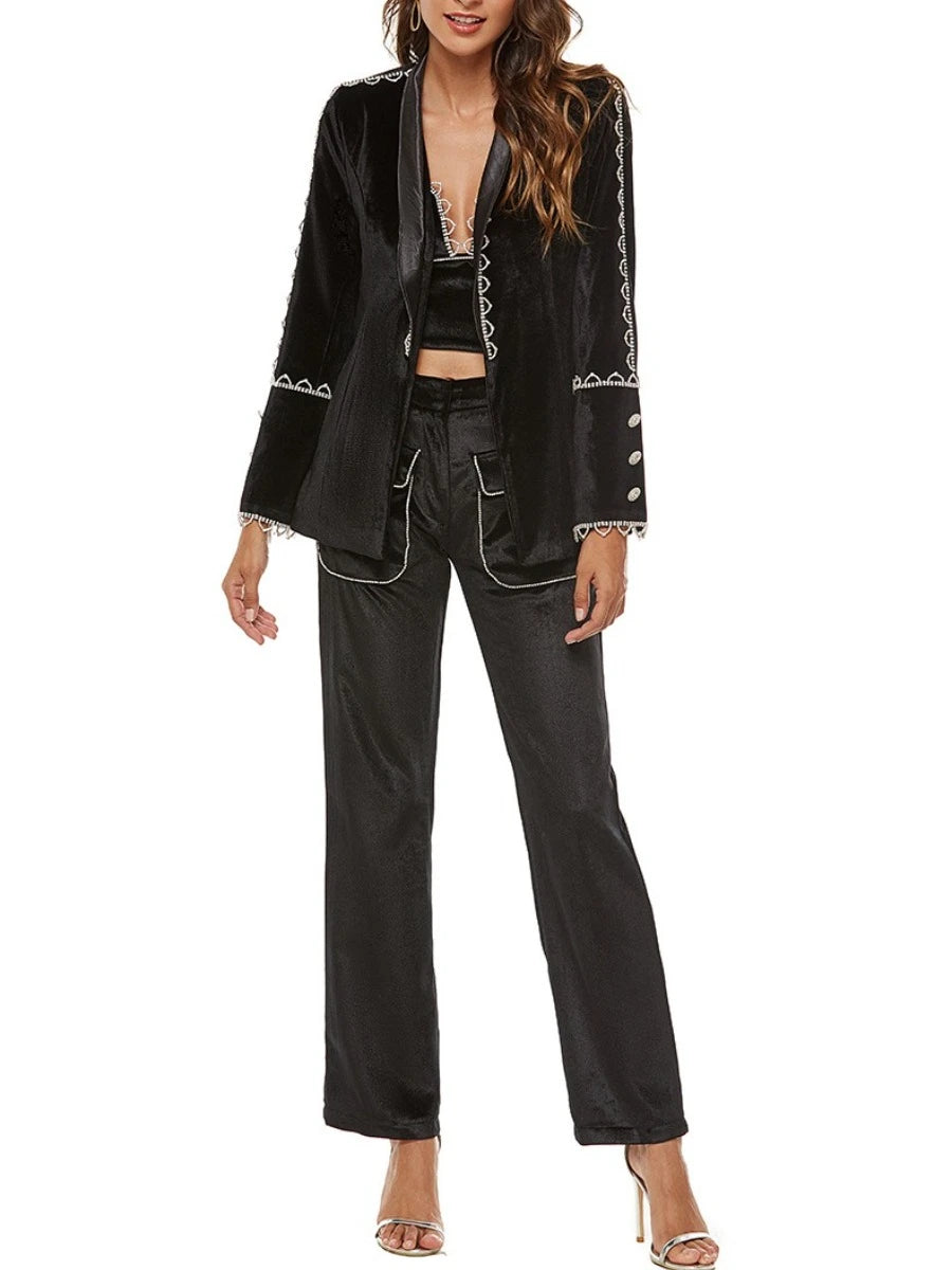Elegantes Damen-Zweiteiler-Set mit V-Ausschnitt, langen Ärmeln und Perlenverzierung – Patchwork-Top mit Knöpfen und hoch taillierte Hose