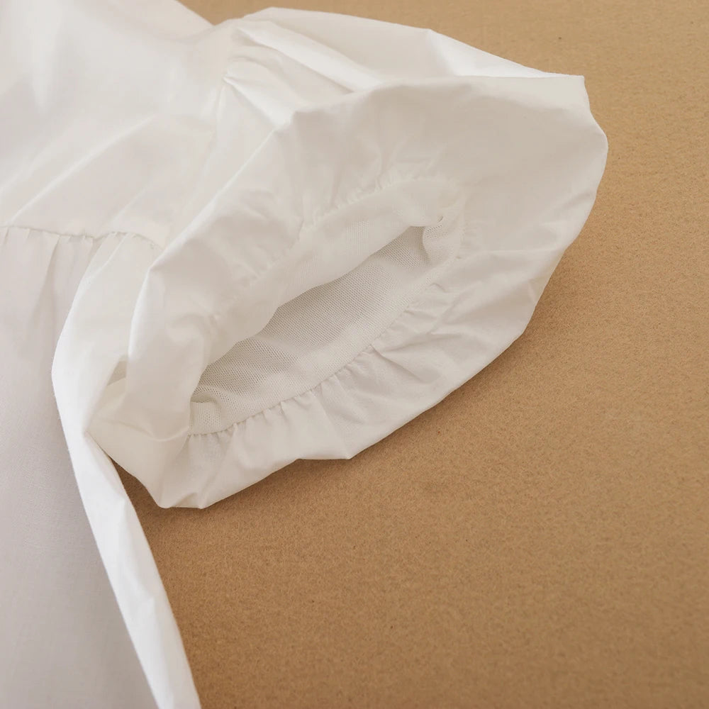 Mädchenkleid mit marineblauer Schleife, 100 % Baumwolle, kurzärmeliges, plissiertes Hemdkleid für lässige Schulkleidung, 5–12 Jahre, Sommerkleidung