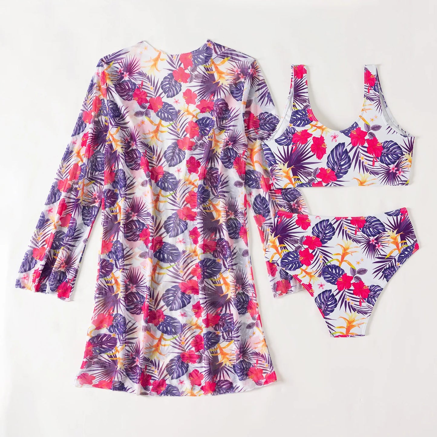 Damen-Bikini-Set mit hohem Bund und Print – dreiteiliges Badeanzug-Set für Strand und Pool